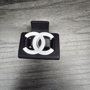 Chanel Black Hair Clip with White Interlocking CC Logo